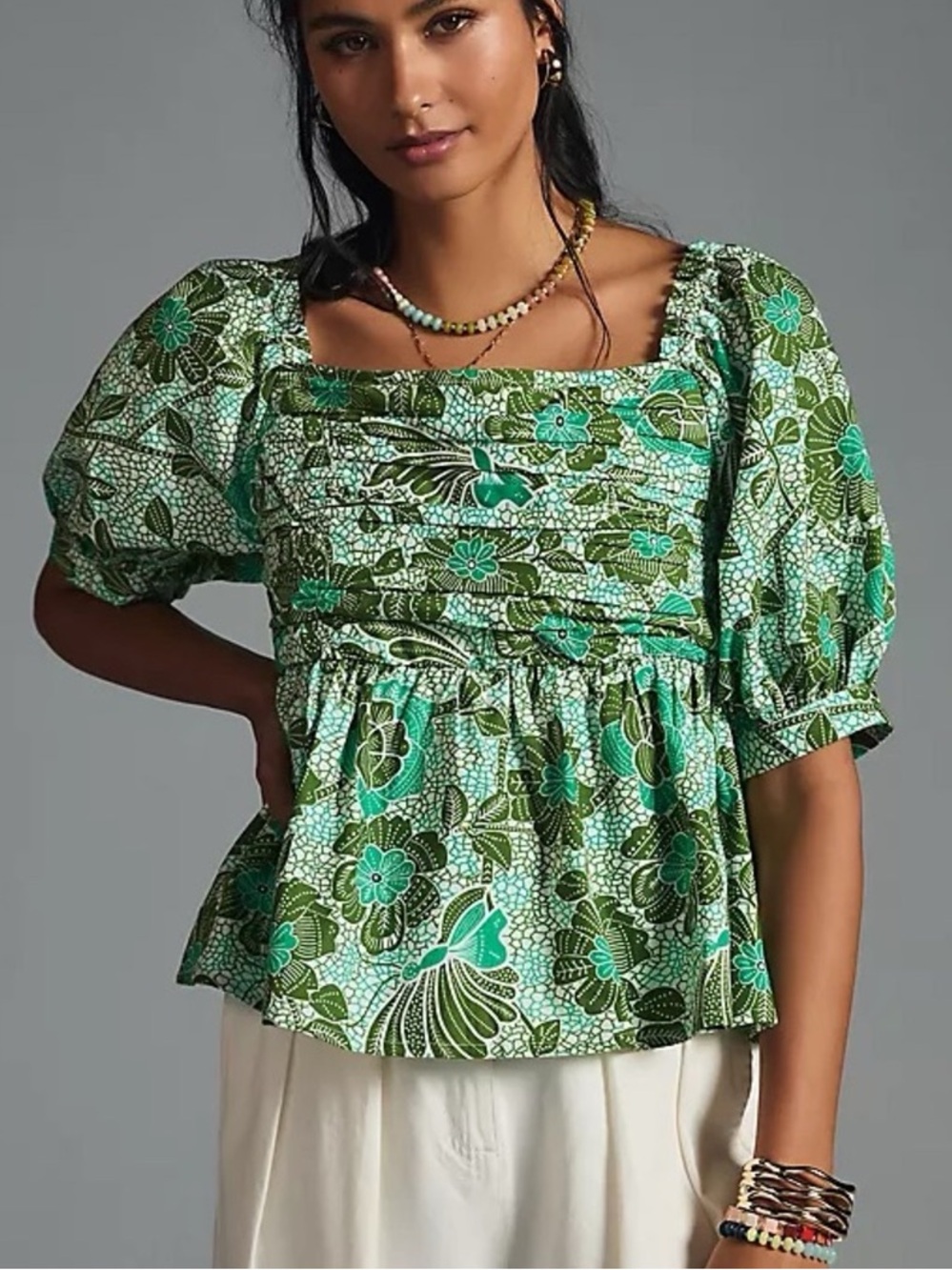 Anthropologie Green Floral Smocked Peplum Blouse